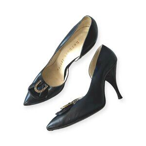 Vintage Herbert Levine Navy Leather Pumps Rhinestone U-Shaped Trim 1960s 5B